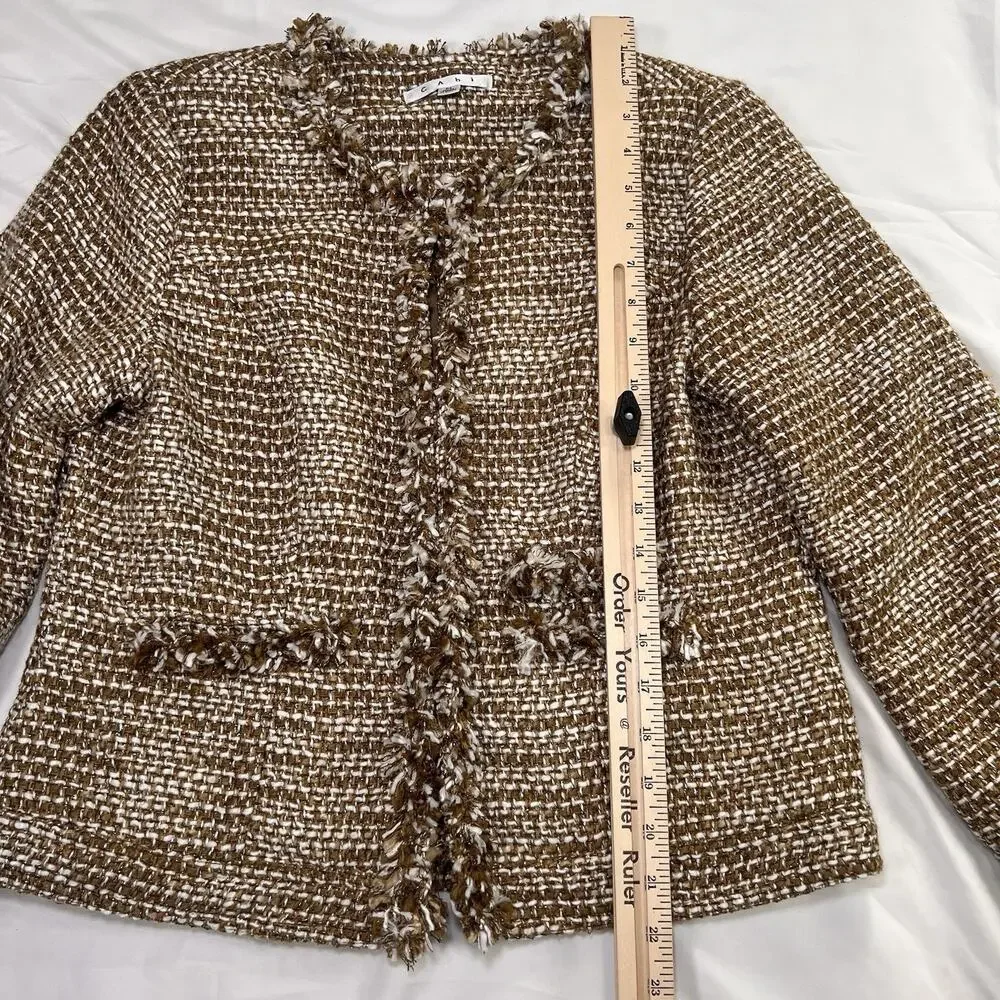 Cabi Phoebe Jacket Size M Brown White Metallic Tweed Fringe Blazer Style 343